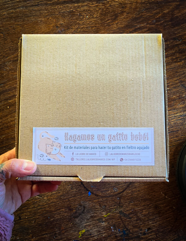 Kit completo de materiales para hacer el gatito bebé del taller online, incluye vellón, agujas, almohadilla, alambres y accesorios.